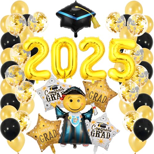 WTZWYFWJ Abschlussfeier Deko Abitur 2025,2025Deko Abschlussfeier Luftballons,Golden Konfetti Luftballon Set,Black Gold Abitur Abschluss Schulabschluss Feier Party Dekoration 2025 Abschlussfeier Ballon von WTZWYFWJ
