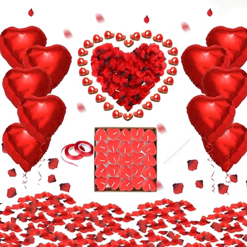 WTZWYFWJ Romantische Kerzen Rote Teelichter und Rosenblätter,Valentinstag Dekoration Set,50 Teelichter Herzform+10 Rote Herzförmige Folienballon+1000 Rote Rosenblüten,für Hochzeit Tischdeko Geburtstag von WTZWYFWJ