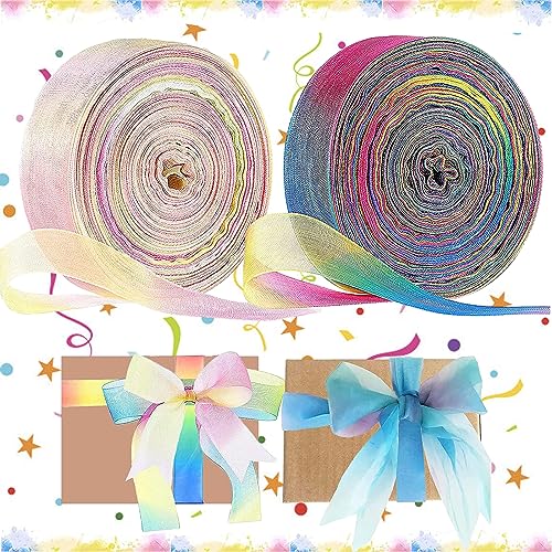 WTpin 2 Stück Regenbogen Geschenkband, Organza Bänder, Regenboge Deko Schleifenband, Schimmer Sheer Seidenband, für Geschenk DIY handgefertigt Schleife Hochzeit Decor von WTpin