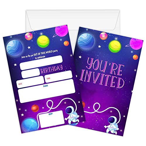WUAWN 20 Weltraum-Geburtstagseinladungen mit Umschlägen, Galaxy Space Fill – In Geburtstagseinladungskarten für Jungen & Mädchen, Teenager, Kinder, Geburtstagsparty-Zubehör – A025 von WUAWN