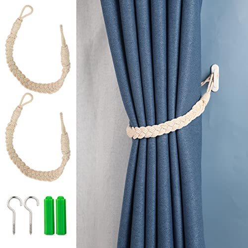 WUDQIJI Vorhang Raffhalter 2 Stück Curtain Rope Buckle Holdbacks Halter Haken Clip Vorhang-Raffhalter Baumwolle Strickknoten Geflochtene mit Metall Haken für Dekorativer Vorhang von WUDQIJI