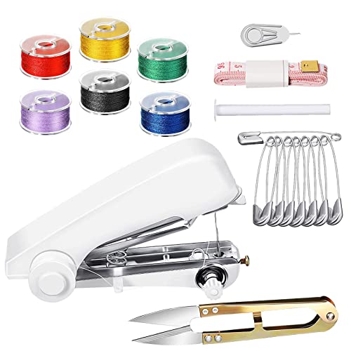 12 Stück Mini Handheld Nähmaschine Tragbare Hand-Nähmaschine Nähgerät Manuell für Anfänger Einfach Zu Bedienen Geeignet DIY Home Craft Werkzeug mit Fäden Schere Maßband Sicherheitsnadel Set -Weiß von WUERKIYA