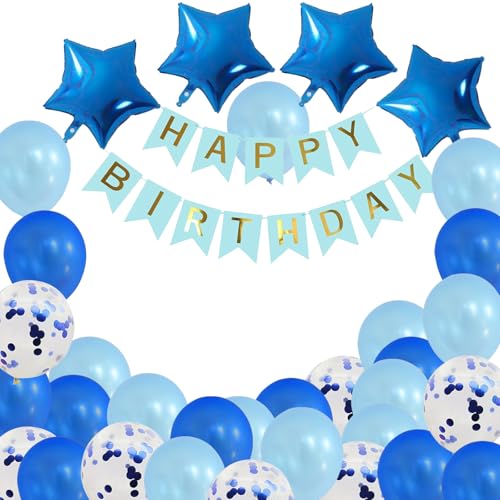 Blau Happy Birthday Wimpelkette Banner Luftballons, Blau Geburtstag Deko, Navy Blau Happy Birthday Banner mit fünfzackigem Sternballon, Navy Blau Folie Geburtstag Luftballons mit Happy Birthday Banner von WUERKIYA