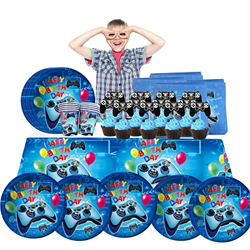 Blau Videospiel Party Geschirr 64 PCS 10 Persone Videospiel Partygeschirr Geschirrset Kindergeburtstag Deko Gaming Party Geschirr Tortendeko Pappteller Becher Servietten Tischdeko für Spielliebhaber von WUERKIYA