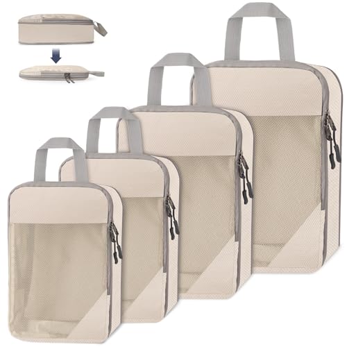 WUFANC 4 Stück Packwürfel Kompression, Kofferorganizer Packtaschen Set Leicht Zu Verstauende, Atmungsaktiv Sichtbar Netzstoff Koffer Organizer Set, Langlebig Mesh Travel Organizer (Beige) von WUFANC