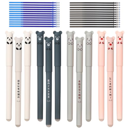 WUFANC Radierbare Stifte Set - 12 Stück Radierbarer Kugelschreiber + 24 Stück Minen - 0,5 mm Erasable Pen - Radierbarer Tintenroller für Studenten, Lehrer von WUFANC