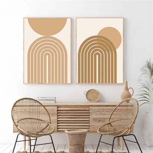 Leinwanddruck - Abstrakte Regenbogendrucke Neutrale Farbpalette Galerie Wandkunst Bild Mid-Century-Gemälde Gebranntes Orange Leinwand Büro Poster Dekor - 60*80Cm(24*31Zoll) - 2Stk - Ohne Rahmen von WUHBCZ