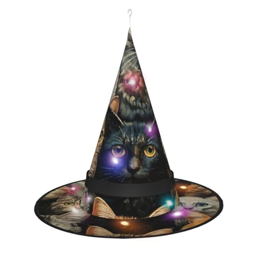 Katzendruck Halloween Hexenhut Halloween Weihnachten Dekor Frauen Leuchtende Hexenhüte Kostüm von WURTON