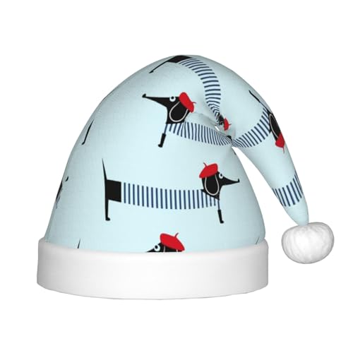 WURTON Weihnachtsmütze mit Pariser Dackel-Druck, Unisex, Weihnachtsmannmütze für Kinder und Erwachsene, Weihnachtsgeschenke von WURTON