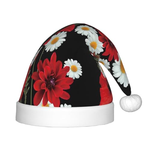 WURTON Weihnachtsmütze mit roten Blumen und weißen Gänseblümchen, Unisex, Weihnachtsmütze für Kinder, Weihnachtsmannmütze für festliche Partys, Weihnachten und Neujahr von WURTON