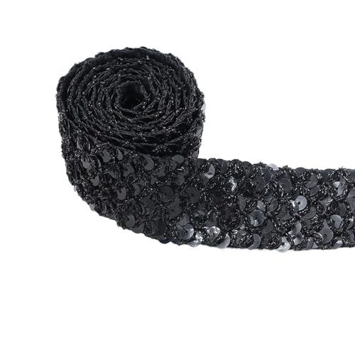 Fransen,Fransenbesatz,Kurzwarenbesatz, 3,5 cm Bling Stretch Trim Glitter Mesh Spitze Band Glänzende Nähen Pailletten Band for Halloween Meerjungfrau Kleid Stirnband Kostüm(Black,3 Yards) von WWBPOIUY