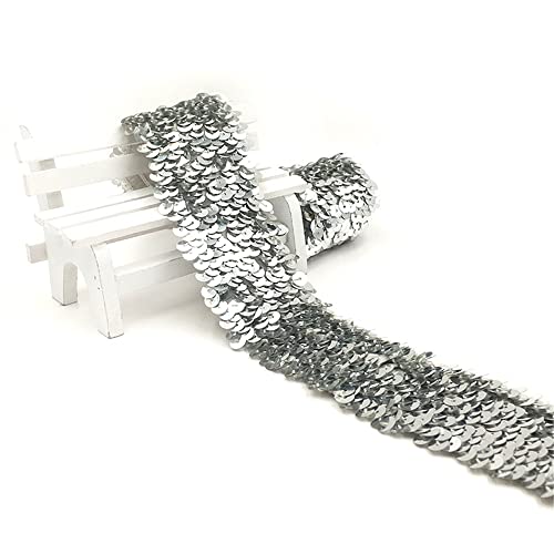 Fransen,Fransenbesatz,Kurzwarenbesatz, 4,8 cm Bling Stretch Trim Glänzende Nähen Pailletten Band Spitze Band Glitter Mesh for Halloween Meerjungfrau Kleid Stirnband Kostüm(Silver,5 Meters) von WWBPOIUY