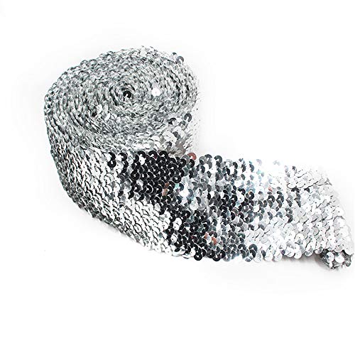 Fransen,Fransenbesatz,Kurzwarenbesatz, 7,5 cm Bling Stretch Trim Glänzende Nähen Pailletten Band Glitter Mesh Spitze Band for Halloween Meerjungfrau Kleid Stirnband Kostüm(Silver,3 Meters) von WWBPOIUY