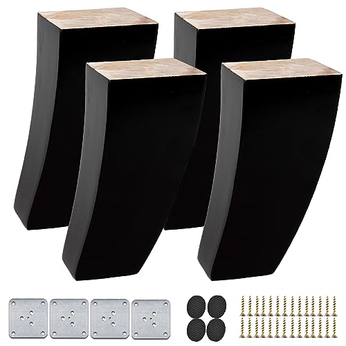 WWERTYY Mid Century Modern 4 Zoll Schwarze Möbelbeine aus Holz, 4er-Set, Massivholz, Gebogene Pyramiden-Quadrat-Ersatzfüße für Sofa, Couch, Sessel, Bett, Liegestuhl, Aufstehhilfe von WWERTYY