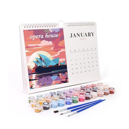 WWESFXC DIY Malen nach Zahlen Tischkalender 2025, Ölgemälde-Kit Kalender mit Pinsel und Acrylfarbe Anti, von Jan. 2025 - Dez. 2025, 12 Monatskalender 2025 Tisch für Geschenke Home Office Dekoration von WWESFXC