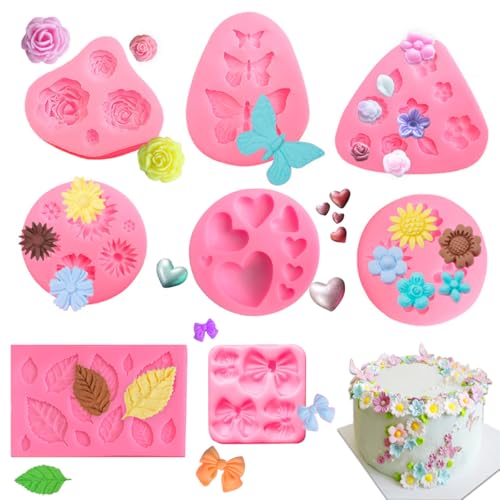 8 Stück Silikonform Blumen Klein, 3D Fondant Formen Silikon, Blumen Rose Schmetterling Blätter Herzförmiges Bow Silikon Fondant Formen für Kuchen,Fudge,Schokolade,Seife,Dessertdekoration,Süßigkeit von WWYSSZ