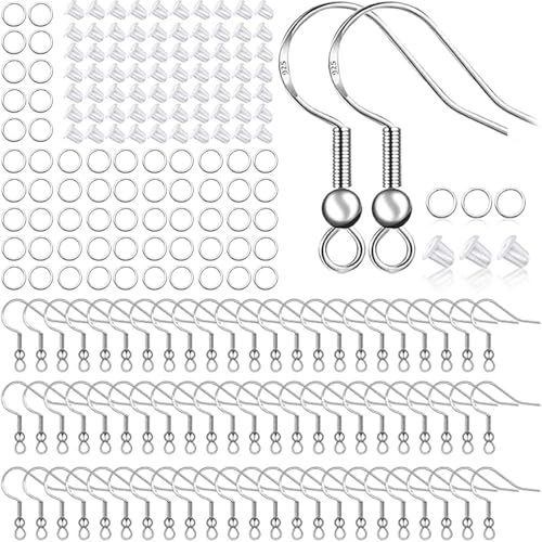 WWZ889 925 Sterling Silber vergoldete Ohrring Haken 150/75 Paare, Ohr Linie Fischhaken, 500 anti allergische Ohrring Herstellung Kit, mit Sprungring und transparenten Silikon Ohrring Rückstecker von WWZ889