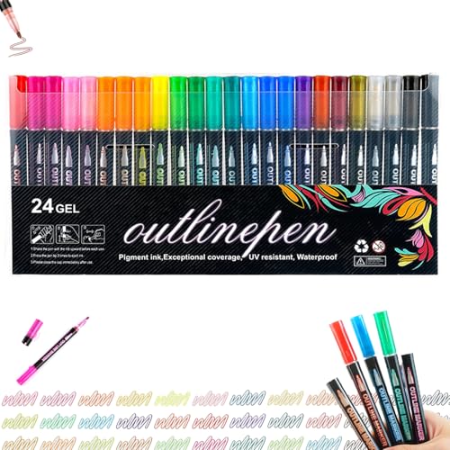 WXBZMOKW Glitzerstifte Magische Stifte, 12/24 Farben Outline Marker, Double Line Filzstifte Stifte, Notizbuchstift für Gestaltung von Scrapbooking Gästebüchern und Fotoalben, 2-12 Jahre von WXBZMOKW