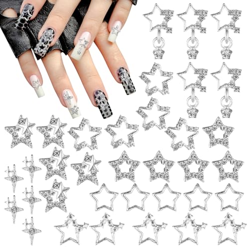 35 Stück Stern Nagel Charms, 7 Stile 3D Legierung Nailart Anhänger Sternenlicht Nagelschmuck Strasssteine Silber Nageldesign Zubehör für Nagelkunst DIY Maniküre Projekte von WY LIGHTING LEVEL