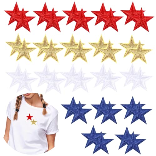 Stern Flicken Zum Aufbügeln, 40 Stück Bügelbilder Aufnäher Patches Erwachsene Bestickte Bügelflicken für Jeans T-Shirt Mützen Kleidung Reparieren Sie das Loch DIY Accessories (Gold, Rot, Blau, Weiß) von WY LIGHTING LEVEL