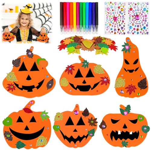 WYFDCZZP 12 Stück DIY Kürbis Bastelset,bastelset herbst kinder,herbst basteln mit kindern, halloween kürbis bastelsets mit 100 Laub Aufkleber, 12 Aquarellstifte und 2 Diamant Aufkleber von WYFDCZZP