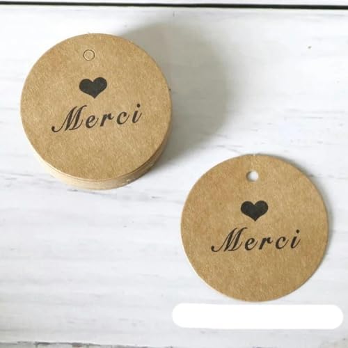 100 Stück handgefertigte runde Geschenkanhänger aus Kraftpapier mit Schleife, Hängeetiketten aus Kraftpapier, Dankeskarten, DIY-Kleidungsstückanhänger, Preisschild, 4 cm, Merci von WYLZBA