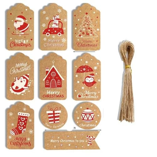 50 Stück Weihnachtsdekoration, farbiges Kraftpapier, Kleiderbügel, Flagge, Weihnachtsbaum, DIY, Hängekarte, 3–6, 50 Etiketten, 50 Kordeln von WYLZBA