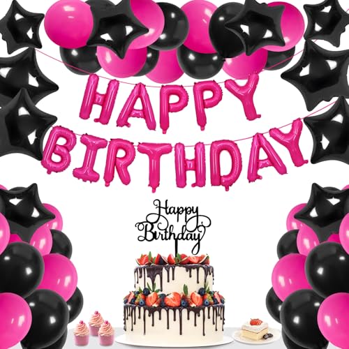 44 Stück Hot Pink und Schwarz Geburtstagsparty-Dekorationen für Frauen, Hot Pink und Schwarz Happy Birthday Banner Ballon-Set von WYQJHKV