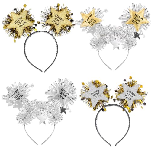 Haarreif Sterne Silvester Kopfschmuck - 'Happy New Year' Kopfschmuck, 4er Set Silvester Haarreifen - Funkelnde Accessoires für Ihre Silvesterparty von WYRGQIQN