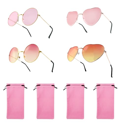 4 Paar Kleine Rosa Runde Hippie Brille, Retro Modische Herzförmige Metall Brille mit Stoffbeutel, Rosa Amüsant Runde Brille, Farbverlauf in Roségold Brille, Rund und Herz Brillen für Festival Party von WYTNB