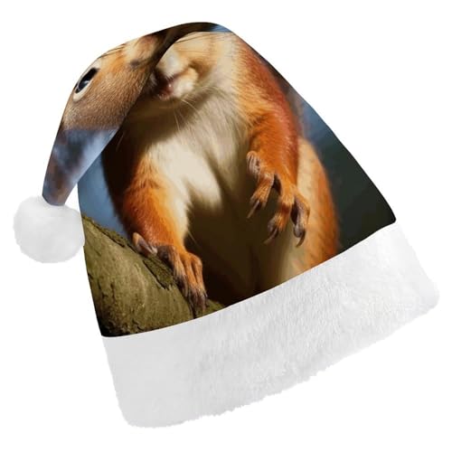 WYUSPGK Nikolausmütze, Eichhörnchen, lustiger Tierdruck, Weihnachtsmütze mit Plüschbesatz, weihnachtliches Outfit, festliche Nikolausmütze von WYUSPGK