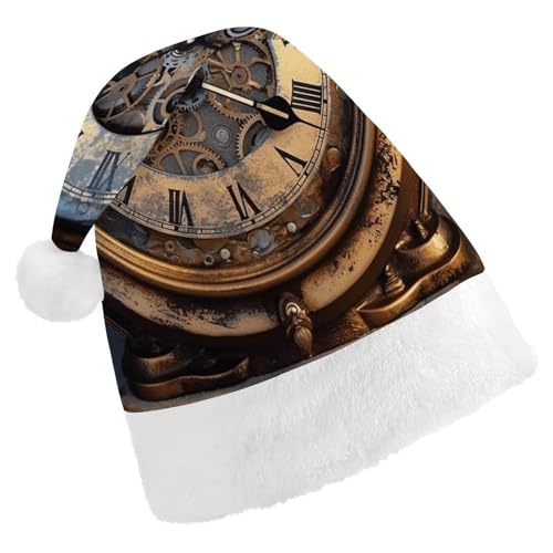 WYUSPGK Nikolausmütze, Steampunk-Uhr-Druck, Weihnachtsmütze mit Plüschbesatz, Weihnachts-Themen-Outfit, festliche Nikolausmütze von WYUSPGK