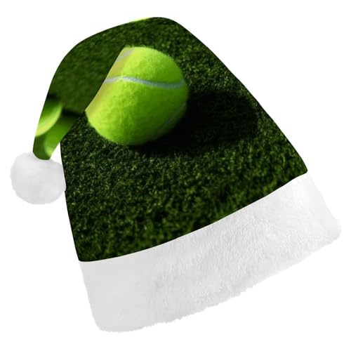 WYUSPGK Nikolausmütze, Tennisbälle auf Tennisgrasplatz, bedruckt, Weihnachtsmütze mit Plüschbesatz, weihnachtliches Outfit, festliche Nikolausmütze von WYUSPGK