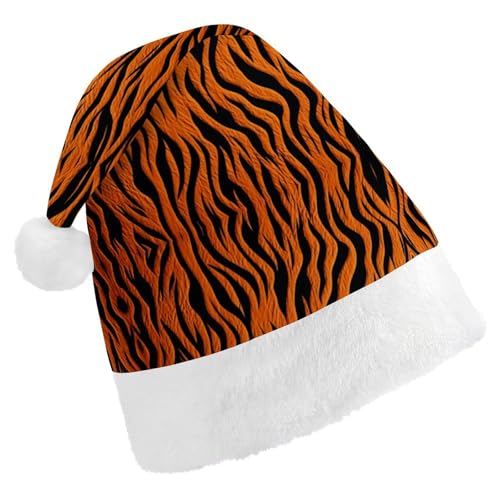 WYUSPGK Nikolausmütze, Tigerstreifen, orangefarbener Druck, Weihnachtsmütze mit Plüschbesatz, weihnachtliches Outfit, festliche Nikolausmütze von WYUSPGK