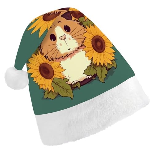 WYUSPGK Weihnachtsmannmütze, Sonnenblumen-Hamster-Cartoon-Druck, Weihnachtsmütze mit Plüschbesatz, weihnachtliches Outfit, festliche Nikolausmütze von WYUSPGK