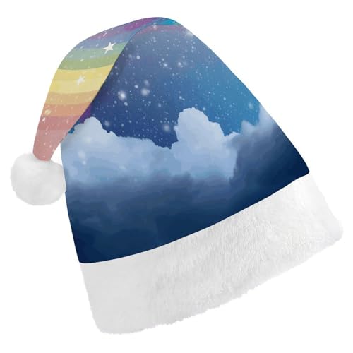 WYUSPGK Weihnachtsmannmütze, Stern in Regenbogen-Druck, Weihnachtsmütze mit Plüschbesatz, Weihnachtsmann-Outfit, festliche Nikolausmütze von WYUSPGK