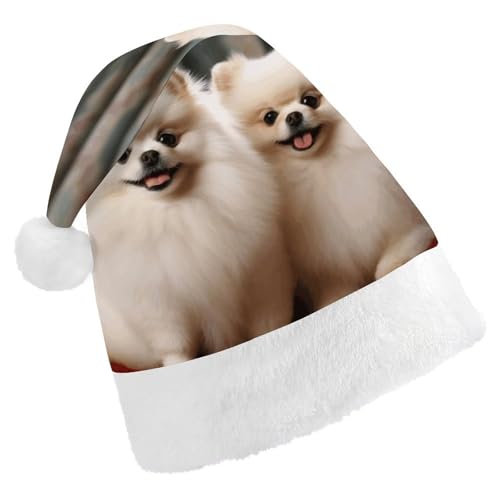 WYUSPGK Weihnachtsmannmütze, kurzhaariger Zwergspitz-Hunde-Druck, Weihnachtsmütze mit Plüschbesatz, Weihnachts-Themen-Outfit, festliche Nikolausmütze von WYUSPGK