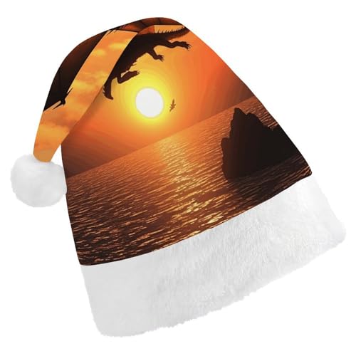 WYUSPGK Weihnachtsmütze, Meer Sonnenuntergang fliegender Drache Druck Weihnachtsmütze mit Plüschbesatz Weihnachten Thema Outfit Festliche Nikolausmütze von WYUSPGK