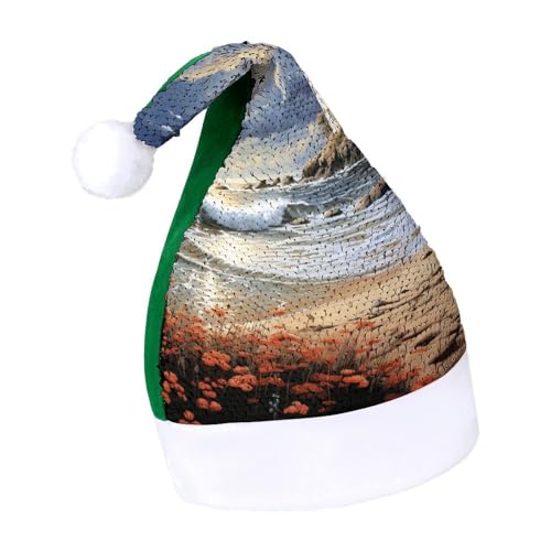 WYUSPGK Weihnachtsmütze, Sea Lighthouse Sandbeach Print Weihnachtsmütze mit Plüschbesatz Weihnachten Thema Outfit Festliche Nikolausmütze von WYUSPGK