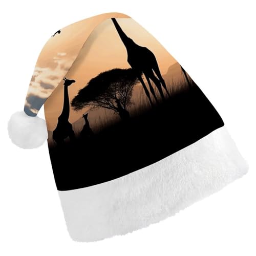 WYUSPGK Weihnachtsmütze, Silhouette von Giraffen auf Gras-Druck, Weihnachtsmütze mit Plüschbesatz, weihnachtliches Outfit, festliche Nikolausmütze von WYUSPGK