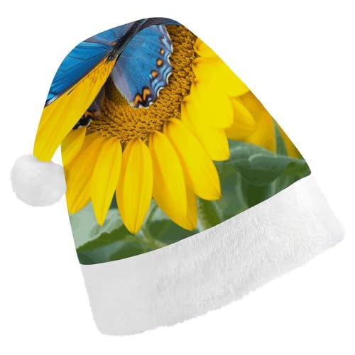 WYUSPGK Weihnachtsmütze, Sonnenblumen-blauer Schmetterlings-Druck, Weihnachtsmütze mit Plüschbesatz, weihnachtliches Outfit, festliche Nikolausmütze von WYUSPGK