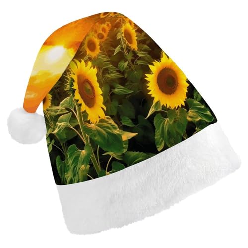 WYUSPGK Weihnachtsmütze, Sonnenblumenfeld, Sonnenuntergang Druck, Weihnachtsmütze mit Plüschbesatz, Weihnachtsmann-Outfit, festliche Nikolausmütze von WYUSPGK