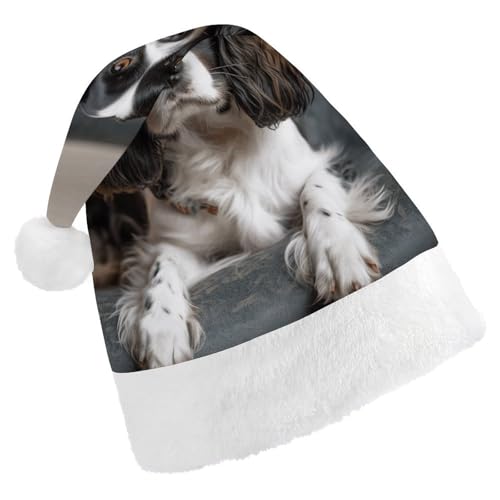 WYUSPGK Weihnachtsmütze, Spaniel auf dem Sofa, bedruckt, Weihnachtsmütze mit Plüschbesatz, weihnachtliches Outfit, festliche Nikolausmütze von WYUSPGK