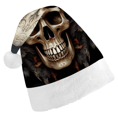 WYUSPGK Weihnachtsmütze, Totenkopf-Druck, Weihnachtsmütze mit Plüschbesatz, Weihnachts-Themen-Outfit, festliche Nikolausmütze von WYUSPGK