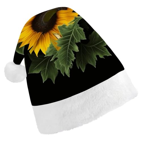 WYUSPGK Weihnachtsmütze, Weed mit Sonnenblumen-Druck, Weihnachtsmütze mit Plüschbesatz, Weihnachts-Themen-Outfit, festliche Nikolausmütze von WYUSPGK