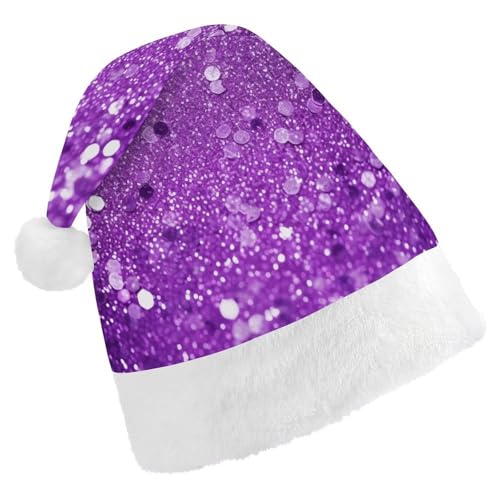 WYUSPGK Weihnachtsmütze, glitzernde lila Glitzer-Druck, Weihnachtsmütze mit Plüschbesatz, weihnachtliches Outfit, festliche Nikolausmütze von WYUSPGK