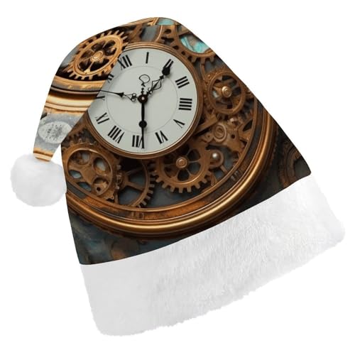 WYUSPGK Weihnachtsmütze, rustikale Steampunk-Uhr-Druck, Weihnachtsmütze mit Plüschbesatz, weihnachtliches Outfit, festliche Nikolausmütze von WYUSPGK