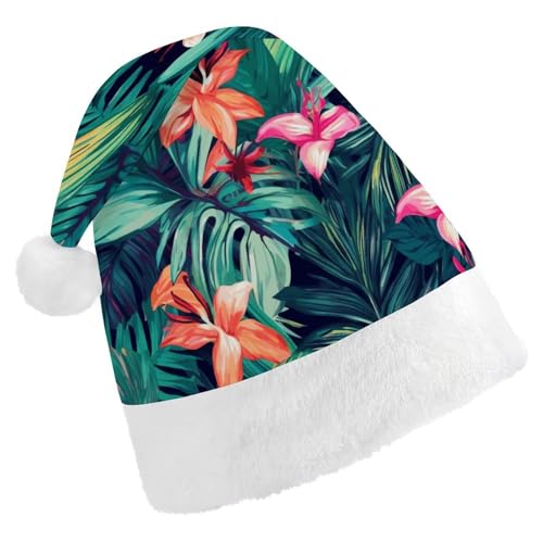 WYUSPGK Weihnachtsmütze, tropische Blumenblätter, Weihnachtsmütze mit Plüschbesatz, weihnachtliches Outfit, festliche Nikolausmütze von WYUSPGK