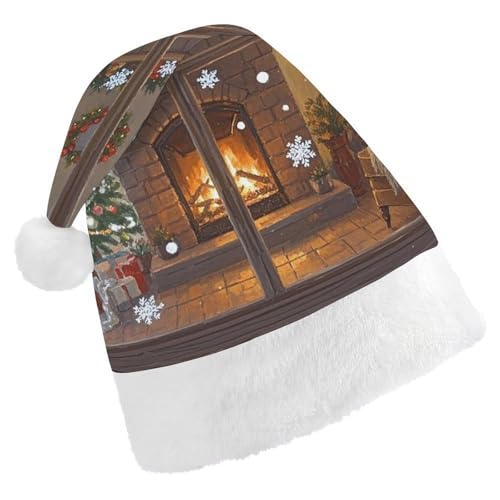 WYUSPGK Weihnachtsmütze, warme Kamin-Druck-Weihnachtsmütze mit Plüschbesatz, Weihnachts-Themen-Outfit, festliche Nikolausmütze von WYUSPGK