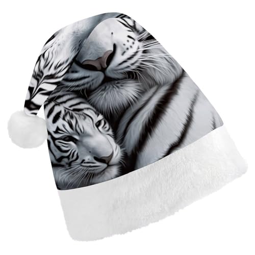 WYUSPGK Weihnachtsmütze, weißer Tiger-Druck, Weihnachtsmütze mit Plüschbesatz, weihnachtliches Outfit, festliche Nikolausmütze von WYUSPGK